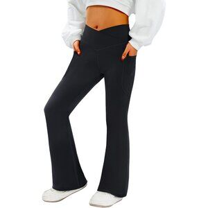 Women's Flare Yoga Pants with Pockets-V Crossover High Waisted Bootcut Yoga Legg